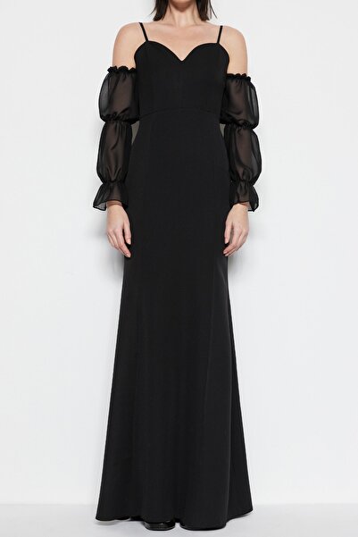 Trendyol Collection Μαύρο βραδινό υφαντό μακρύ φόρεμα με σώμα TPRSS23AE00092