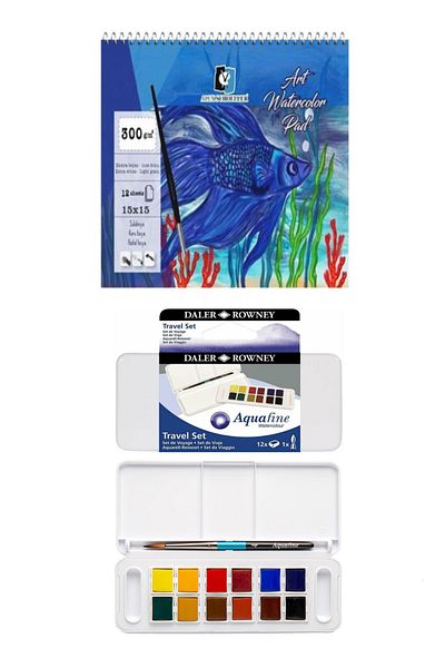 GLANCE Alex Spiral Watercolor Notebook 300 Gr 12 Yp 15x15 Cm Daler Rowney Aquafine Watercolor Set 12 Pieces