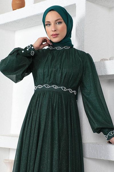Modamihram Pearl Detailed Glitter Evening Dress Emerald 19004