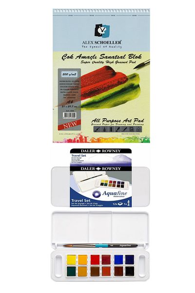 GLANCE Alex Schoeller Multi-Purpose Artistic Block A4 20 Yp 200 Gr Daler Rowney Aquafine Watercolor Set 12 Pieces