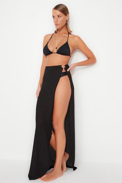 Trendyol Collection Černá maxi tkaná plážová sukně - s příslušenstvím, TBESS23ET00015