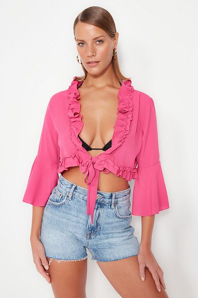 Trendyol Collection Φούξια Crop Woven Ruffle Μπλούζα TBESS23BZ00023