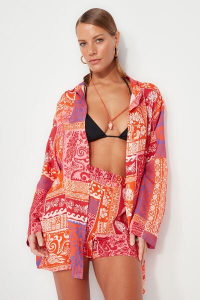 Trendyol Collection Etnikai mintás szőtt ing rövidnadrág készlet TBESS23AU00045