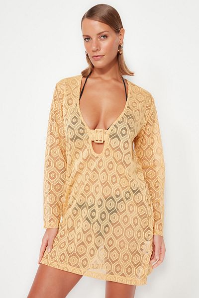 Trendyol Collection Μίνι καμηλό υφαντό φόρεμα παραλίας - με αξεσουάρ, TBESS23EL00105