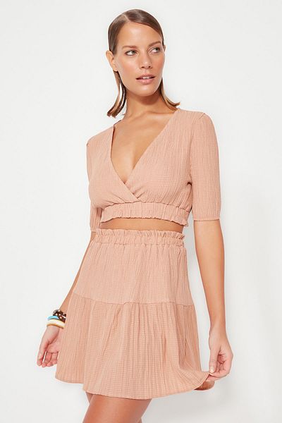 Trendyol Collection Ecru vászon szőtt blúz és strandszoknya szett - TBESS23AU00088