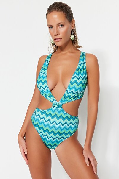 Trendyol Collection Geometric Patterned Deep Low-cut High Leg Regular Swimsuit TBESS23MA00340