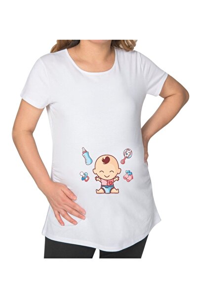 Bk Gift Bebek Tasarımlı Beyaz Hamile Tişört-2