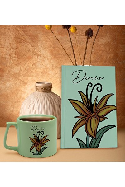 Bk Gift Kişiye Özel Isimli Yeşil Sert Kapaklı Defter Ve Middle Kupa Seti, Ark...