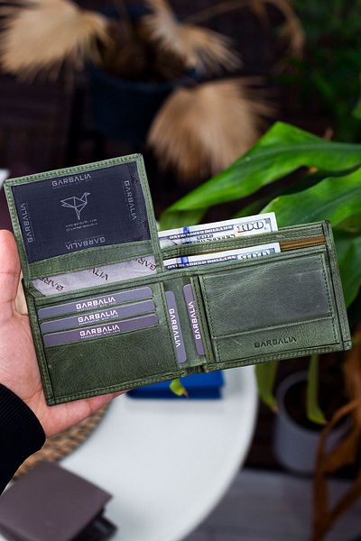 Garbalia Madrid Γνήσιο δέρμα Rfid Blocking Crazy Green Ανδρικό πορτοφόλι με θήκη νομισμάτων