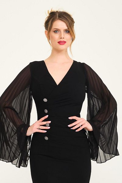 SpringStore Rochie de seara cu nasturi plisate cu maneci negre