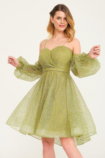 SpringStore Rochie de seara scurta cu maneca cu balon verde