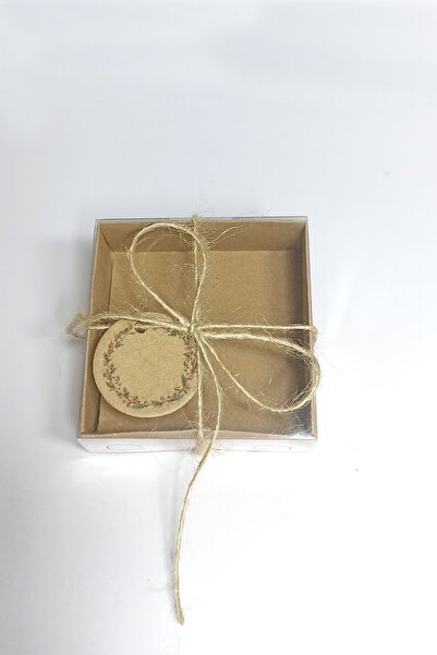 Mapi Kraft Etiket Çiçek Baskılı, Kraft Asetat Kapaklı Kutu,15 Adet Ipli Hediyelik Kutusu Set ( 8x8x3 Cm )