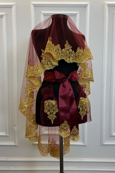 ZEYMERADE Bordo Gold Işıl Işıl Güpürlü Gelin Kına Duvağı Seti Düğün Kına Gece...