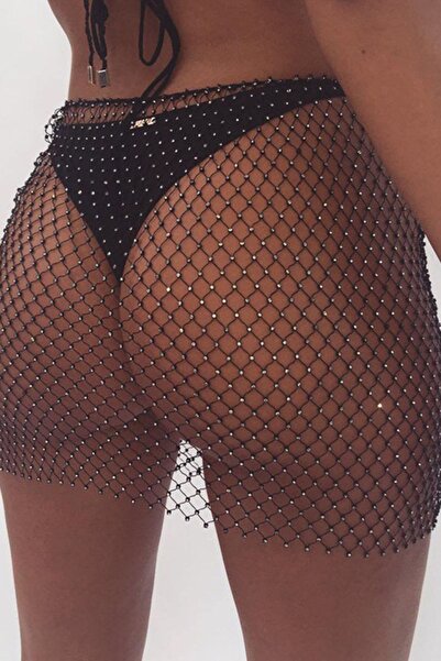 Genel Markalar Siyah Parlak Taşlı File Mini Etek