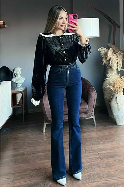 MAKRAS EXCLUSIVE Milano bleumarin cu talie super înaltă Lycra Flare Blugi spanioli Pantalon Jeans