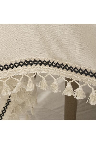 NDC HOME Organic Raw Linen Cream Black Stripe Detailed Pompom Tablecloth