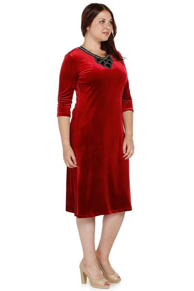 Nidya Moda Women's Red Flower Collar Velvet Evening Dress 4075K