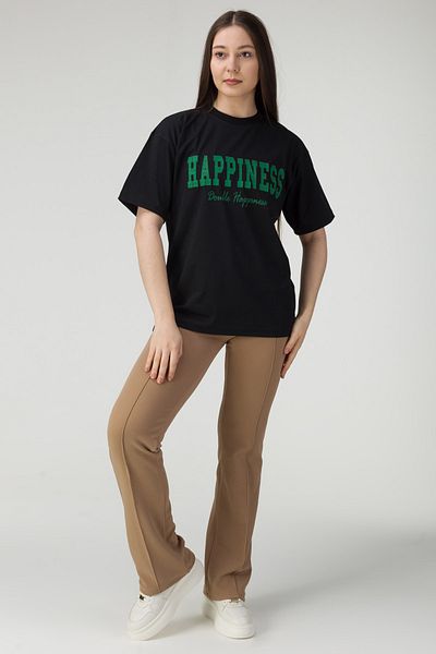 MODAGEN Women's Oversize Hapiness Printed Black T-shirt