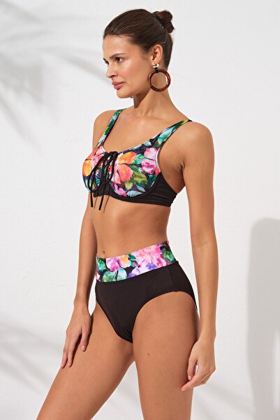 Pierre Cardin Siyah Melt Çiçek Desenli Toparlayıcı Ayarlanabilir Sürgülü Bağcıklı Bikini Takımı Yüksek Bel