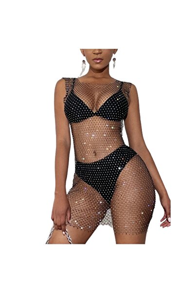 pink and pink Siyah Parlak Taşlı File Pareo Kısa