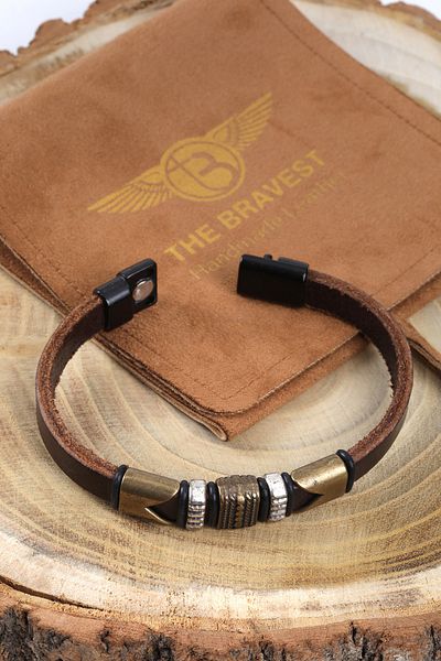 MRHERO Unisex Brown Metal Pieced Genuine Leather Handmade Leather Bracelet_mh029