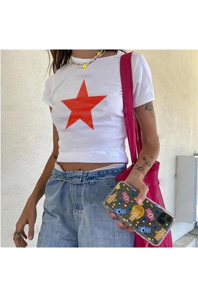Touz Artex White Crop - Red Star Printed