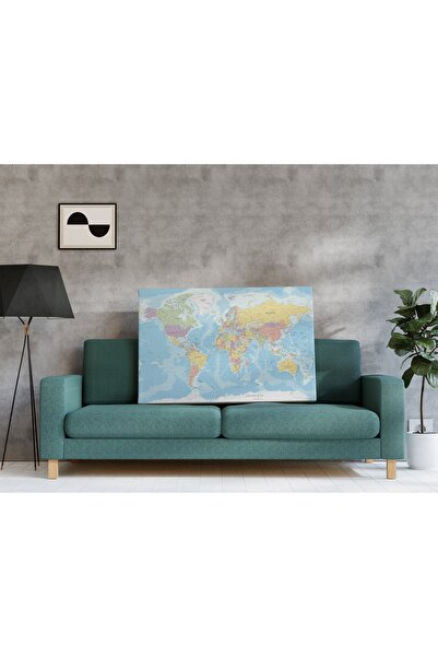 MapofX Tek Parça Detaylı Kanvas Dünya Haritası - Coğrafya Öğrenme Aracı - Mavi Temalı 90x55cm