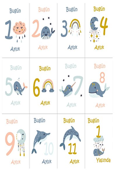 Moky Design Fil Desenli Erkek Bebek Bornoz Seti ve 12’li Aylık Ay Dönümü Anı Kartları – Bebek Hediyelik