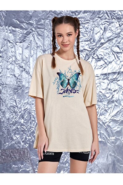 Deocept Sense Butterfly Patterned Women's Oversize T-shirt
