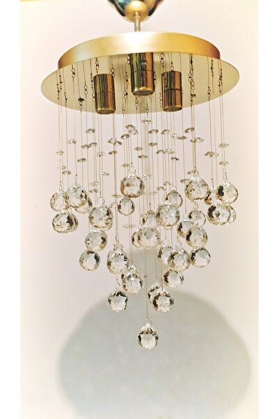 öalpa Yağmur Yuvarlak 3'lü Sarı Paslanmaz Çelik Kristal Taşlı Avize