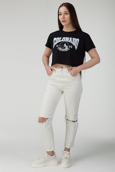 MODAGEN Dámské oversize černé tričko Colorado Printed Crop