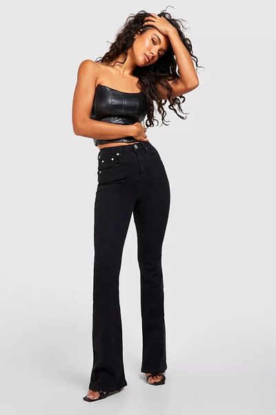 Trn JNS Tanya Black Flare Leg Lycra Flare Jeans Denim Trousers Gathering
