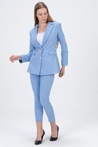 diaves Jachetă Blazer de damă albastru deschis cu buzunare cu centură Set pantaloni cu picior