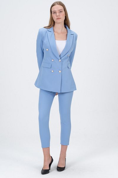 diaves Jachetă Blazer de damă albastru deschis cu buzunare cu centură Set pantaloni cu picior