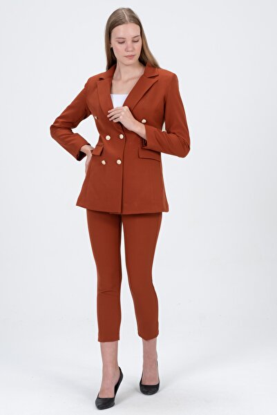 diaves Kadın Kiremit Blazer Ceket Kemerli Cepli Boru Paça Pantolon Takım