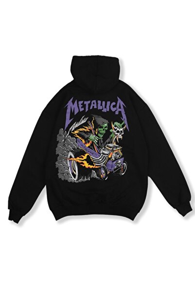 Genel Markalar Metallica Mor Baskılı Siyah Oversize Kapüşonlu Sweatshirt