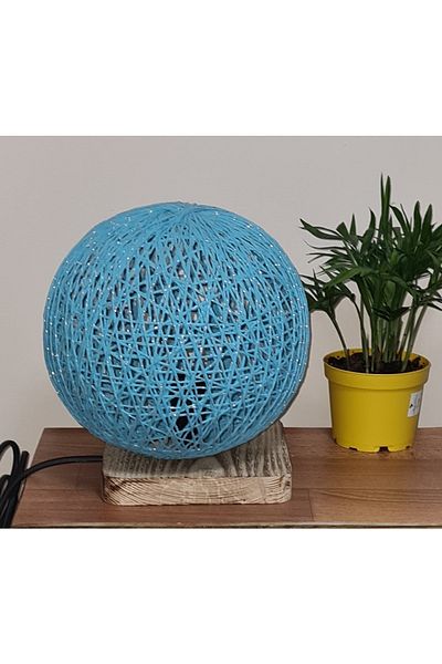 TEKAY AYDINLATMA Blue Jute Handmade Rope Knitted Globe Lampshade, Wooden Base, E 14 Lampholder