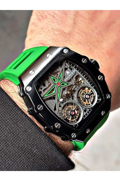 Navimarine Green Color Automatic Business Original Double Turbine Silicone Sports Wristwatch + Bracelet Gift