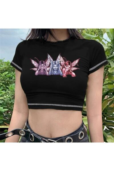 Gofeel Γυναικείο μπλουζάκι Harajuku με σχέδιο Winged Girls σε μαύρο χρώμα