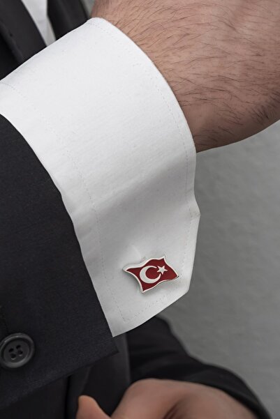ALYANSEVİM Türk Bayrağı Mineli Gümüş Kol Düğmesi