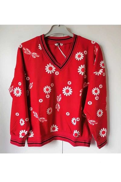 anne moda ankara Φούτερ με λαιμόκοψη σε σχήμα V από βαμβακερό αθλητικό λουλούδι