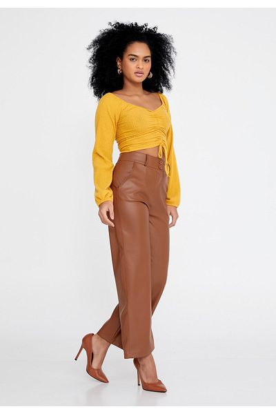 KaSheHa Women's Tan Short Leg High Waist Palazzo Leather Trousers