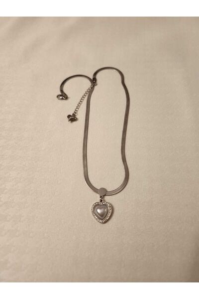 Nutly Accessories Gümüş Renk Çelik Italyan Taşlı Kalpli Sedef Kolye