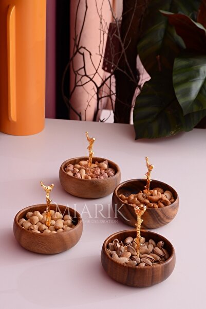 MIARIK DESIGN & DEKORASYON Akasya Ağacı 4'lu Gold Kuşlu Kuruyemışlık Çerezlık