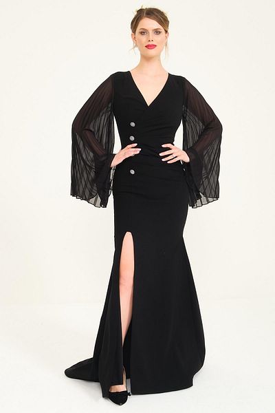 SpringStore Rochie de seara din peste plisata cu maneci negre