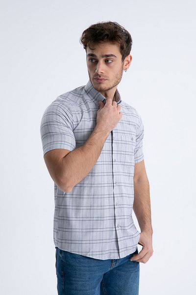Varetta Men's Blue Short Sleeve Checked Pocket Button Collar Cotton Shirt