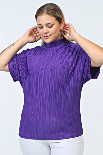 Seamoda Plus Size Comfortable Stand Collar Straight Pleated Blouse - Purple