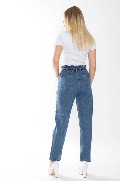 MAKRAS EXCLUSIVE Pantaloni de blugi boyfriend pentru femei Sara, cu talie elastică, albastru, cu talie cu șnur Mom Jean