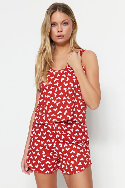 Trendyol Collection Szív piros pamut rövidnadrág pizsama szett - THMSS23PT00199
