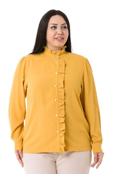 DISENTIS MODEST Plus Size Prevailing Collar Front Placket and Frilly Collar Yellow Shirt